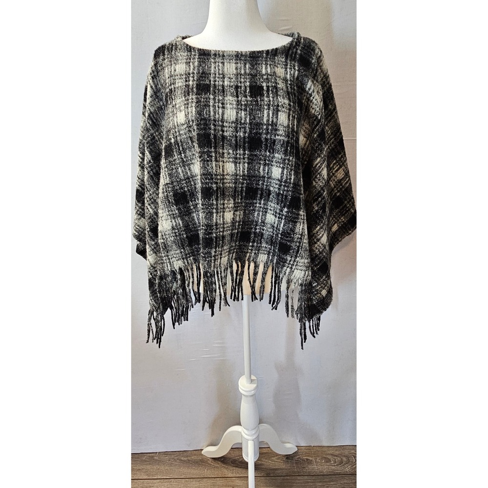 Dylan by True Grit Black White Plaid Fringe Poncho Sweater Wool Blend OS